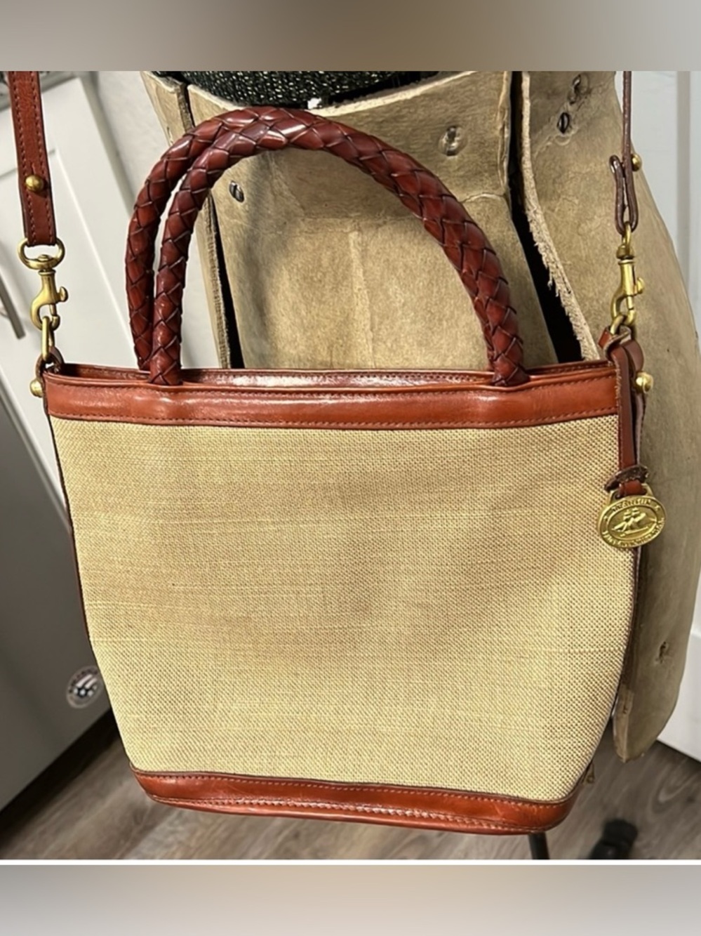 BRAHMIN MINI CANVAS & LEATHER CROSSBODY BAG